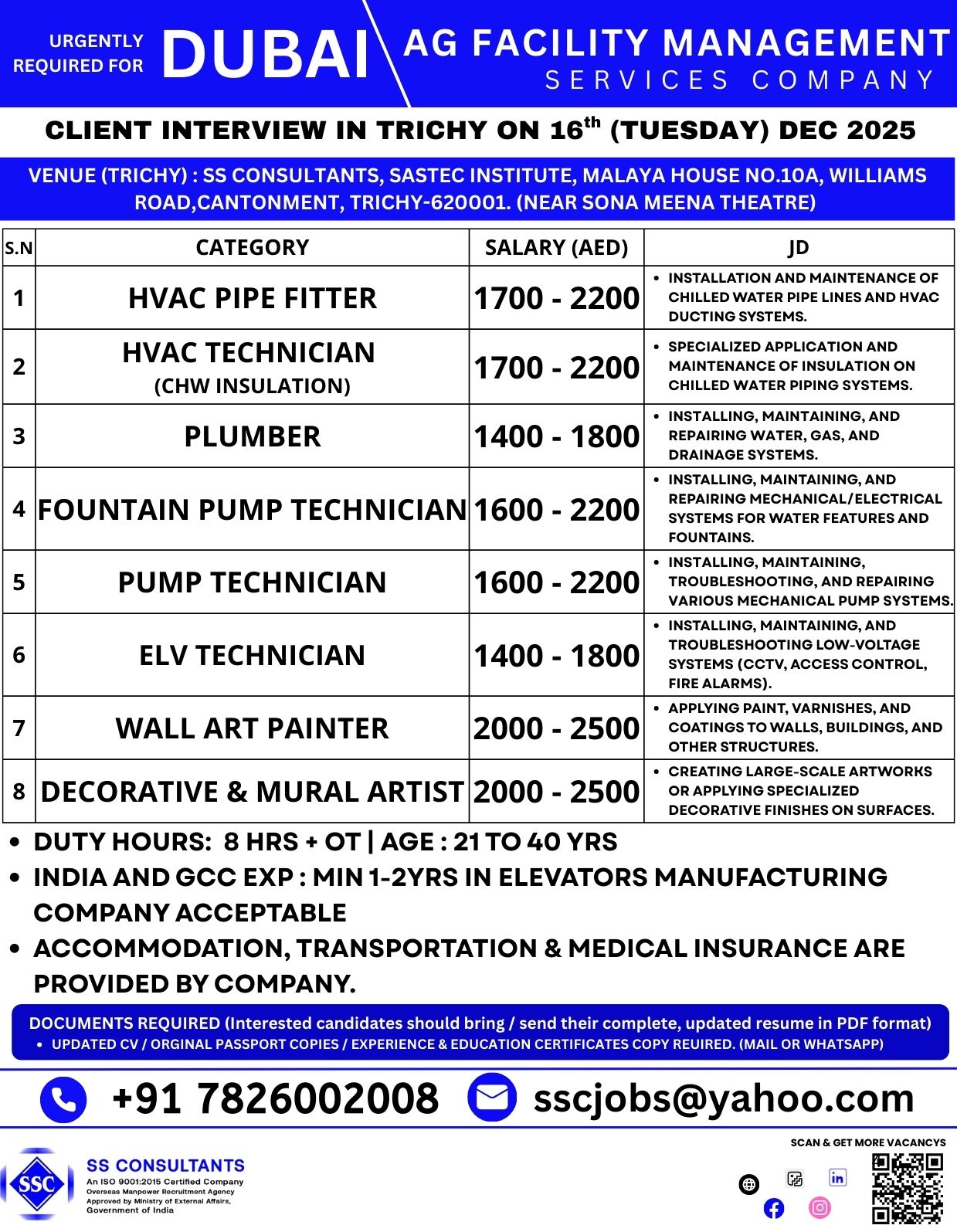 Dubai HVAC Technician, Plumber, Painter Jobs - Trichy Interview 16 Dec