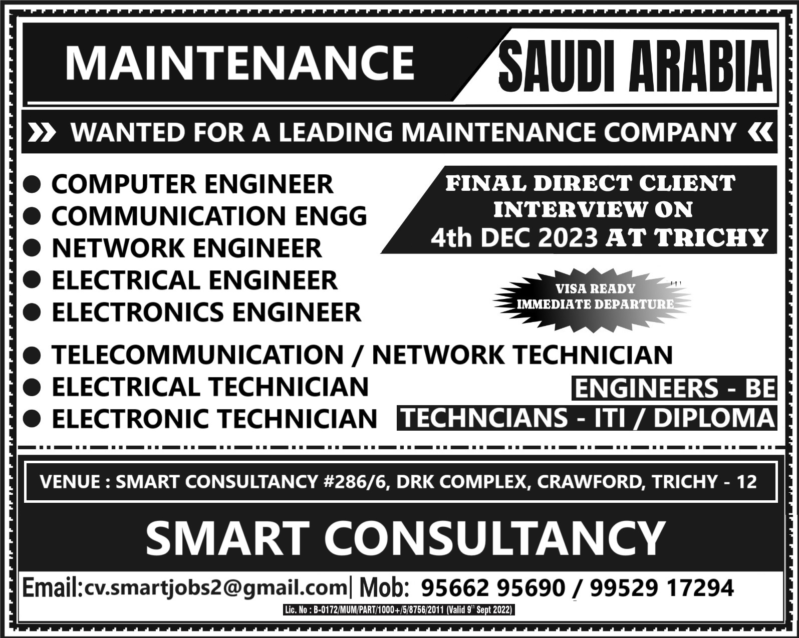 WANTED FOR A LEADING COMPANY - SAUDI ARABIA / DIRECT CLIENT INTERVIEW ON 4 DEC - TRICHY