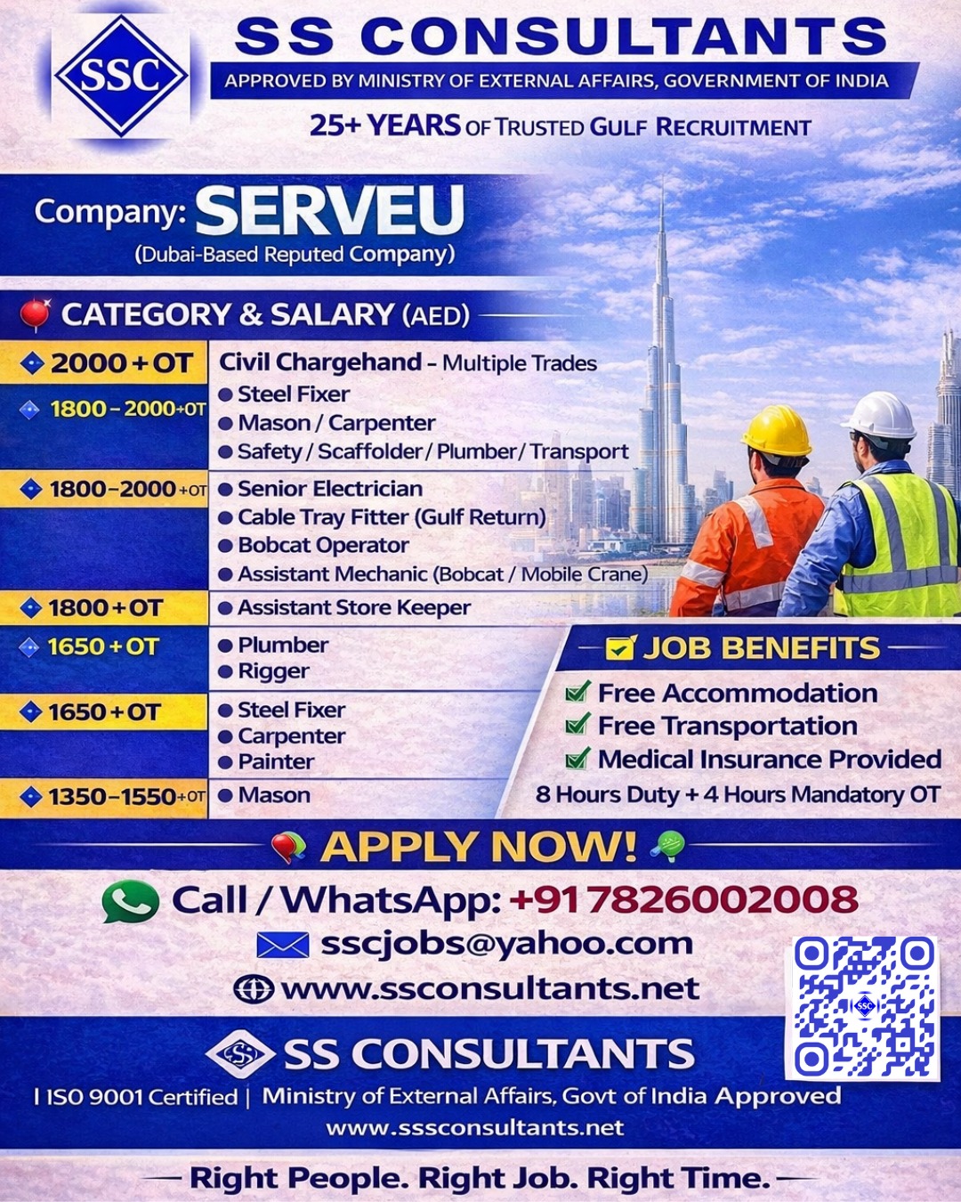 Dubai Construction Jobs 2026 – Steel Fixer, Mason, Electrician & More | SS Consultants for SERVEU