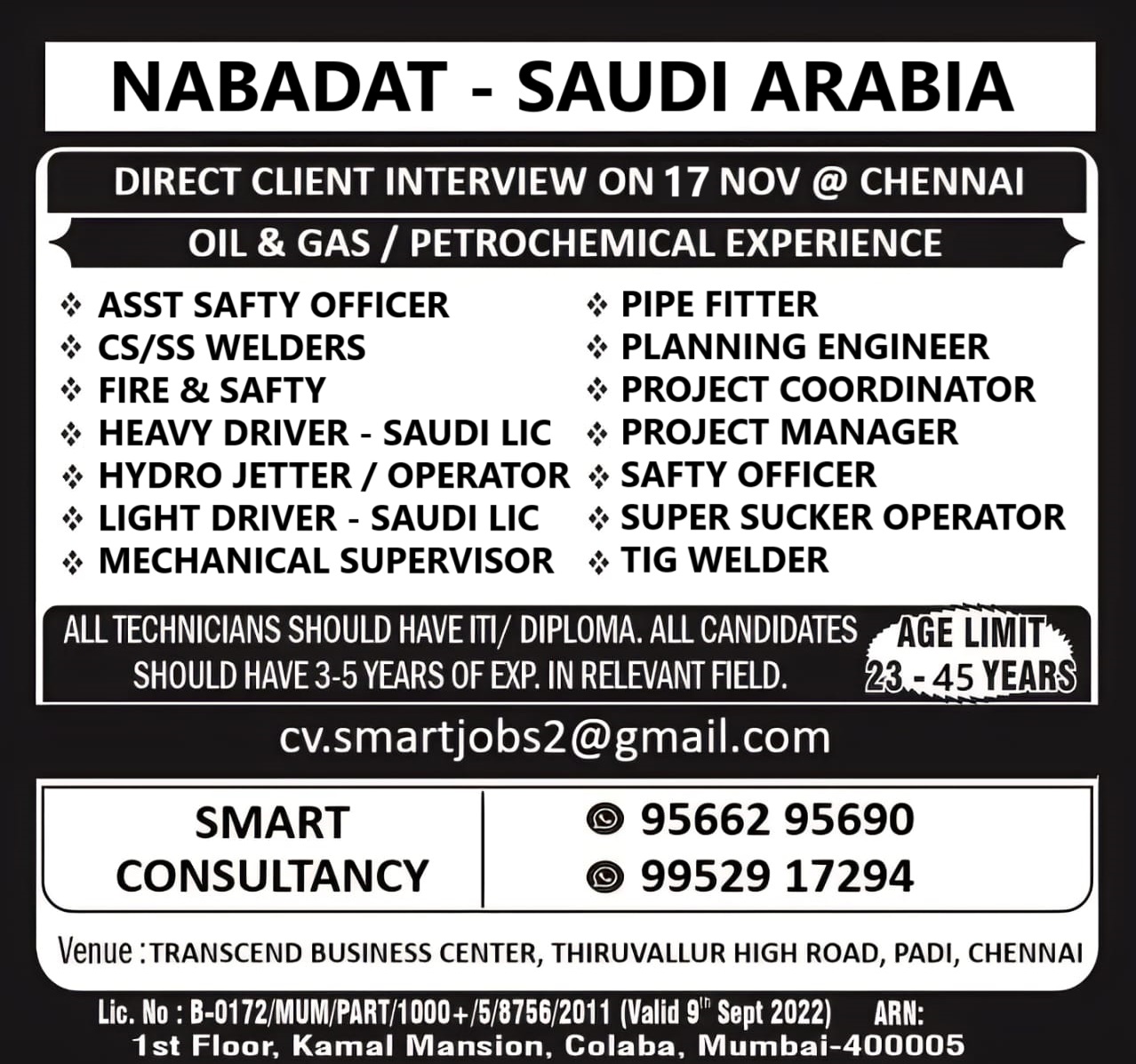 WANTED FOR NABADAT - SAUDI  DIRECT CLIENT INTERVIEW ON 17 NOV - CHENNAI