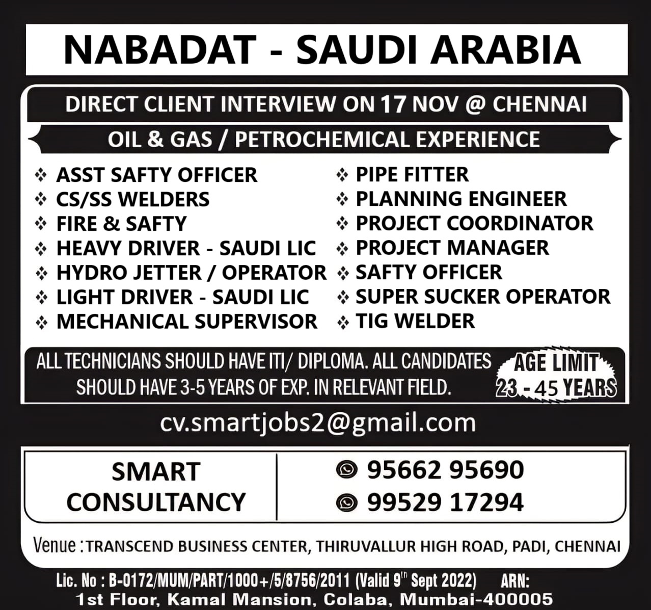 WANTED FOR NABADAT - SAUDI DIRECT CLIENT INTERVIEW ON 17 NOV - CHENNAI