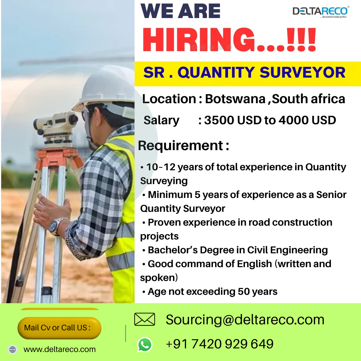 Hiring  SR Quantity Surveyor  for  South Africa