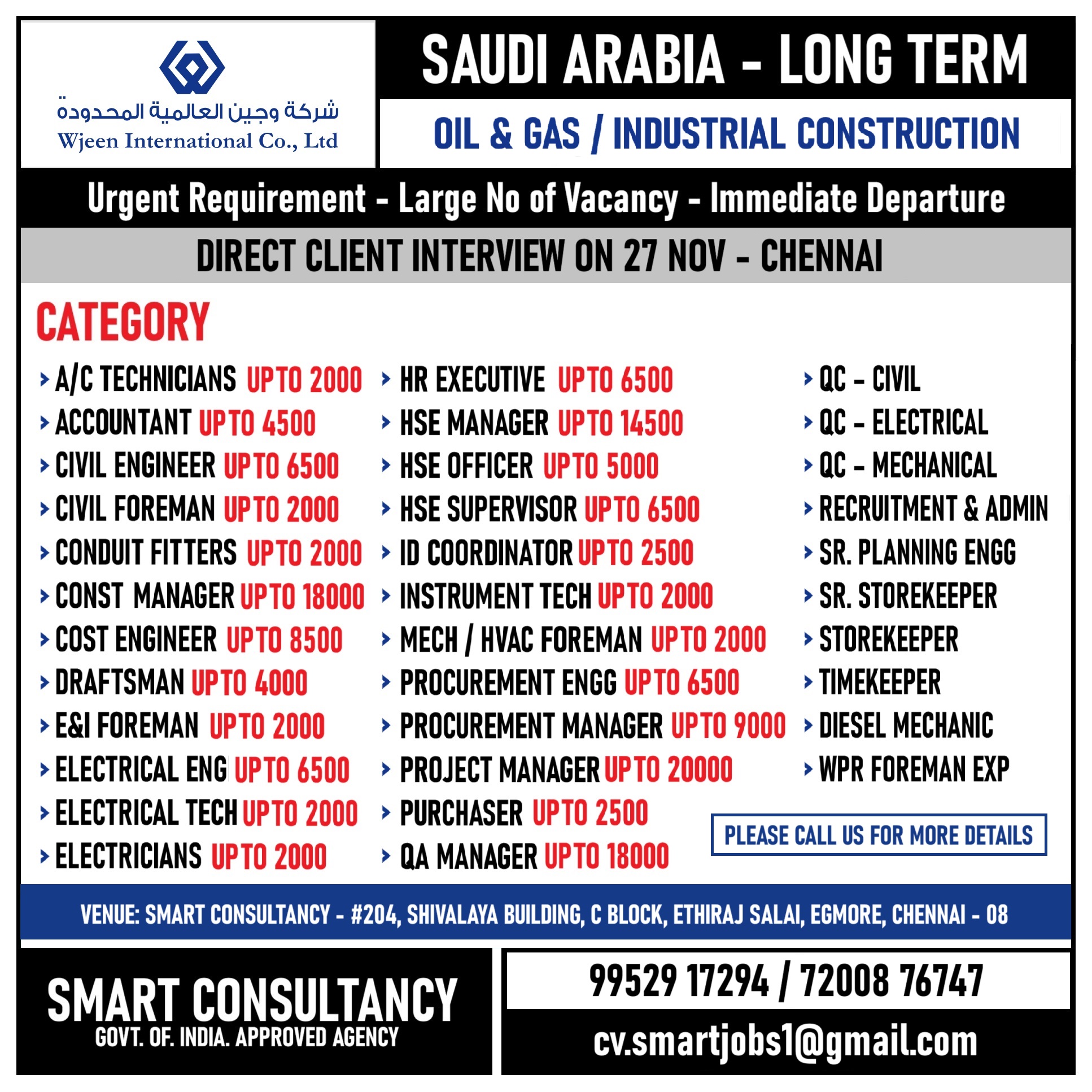 WANTED FOR A LEADING OIL & GAS / INDUSTRIAL CONSTRUCTION COMPANY - SAUDI ARABIA / DIRECT CLIENT INTERVIEW ON 27 NOV - CHENNAI