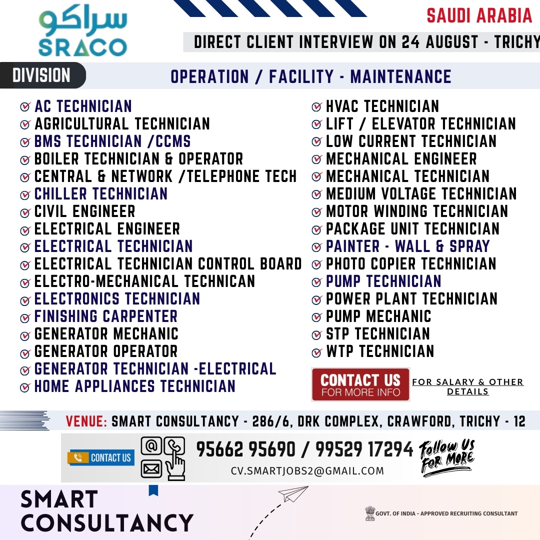 WANTED FOR A LEADING FACILITY / OPERATION MAINTENANCE COMPANY - SAUDI | DIRECT CLIENT INTERVIEW ON 16 AUGUST - TRICHY