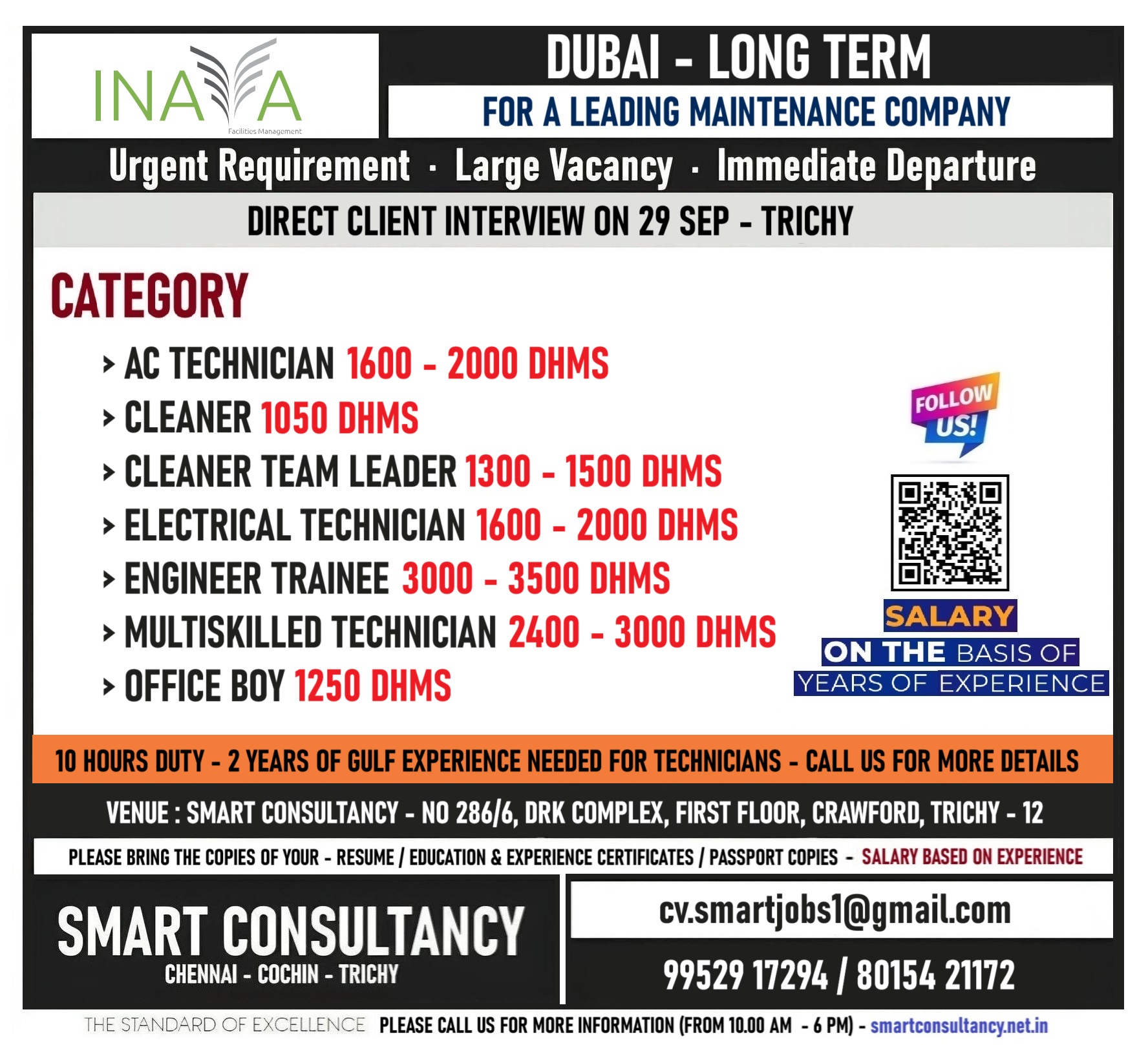 WANTED FOR A LEADING MAINTENANCE COMPANY - UAE / DIRECT CLIENT INTERVIEW ON 29 SEP - TRICHY