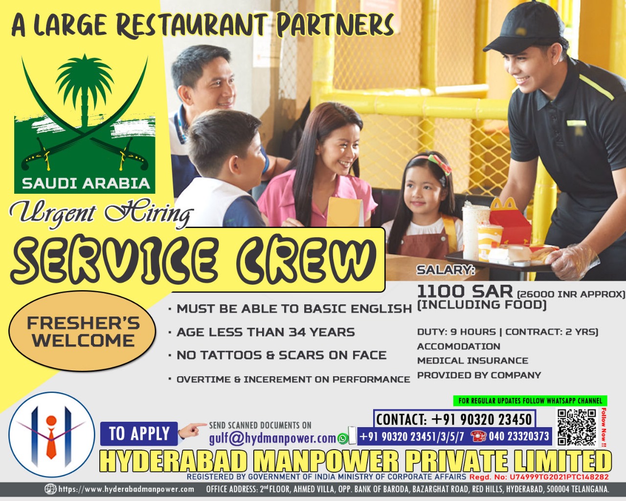 Urgent Hiring for A Large Restaurant of Saudi Arabia