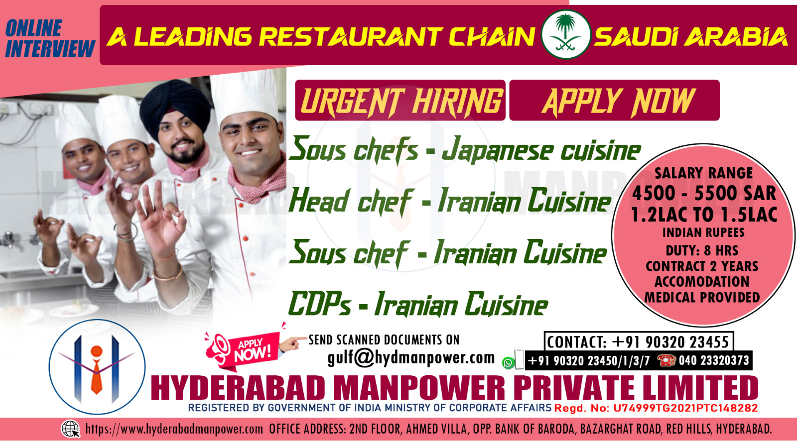 Urgent Hiring for A Leading Restaurant Chain for Saudi Arabai