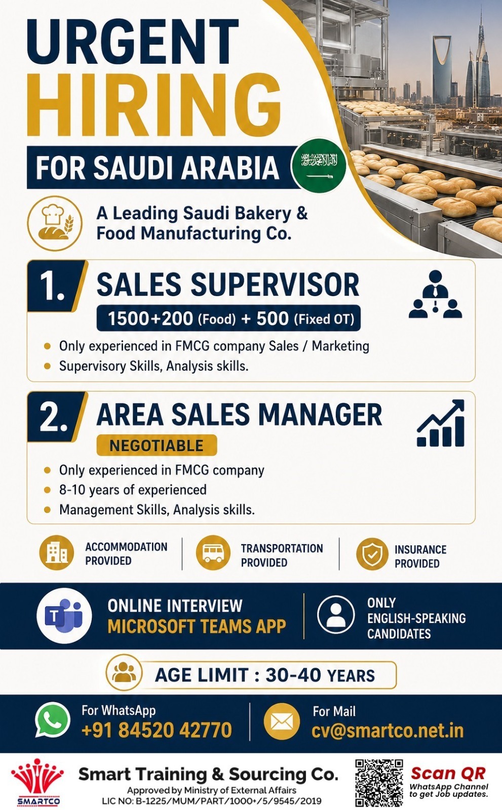 URGENT HIRING FOR SAUDI ARABIA  A Leading Saudi Bakery & Food Manufacturing Co.