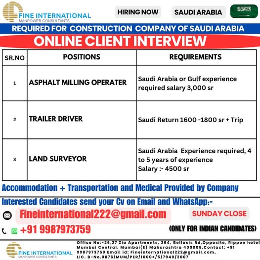 URGENTLY REQUIRED FOR CONSTRUCTION COMPANY OF SAUDI ARABIA ONLINE CLIENT INTERVIEW