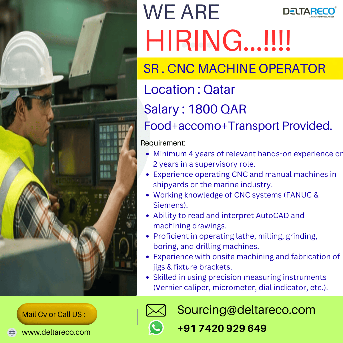 Hiring  CNC machine operator and Junior Machine Operator for Qatar Shipyard