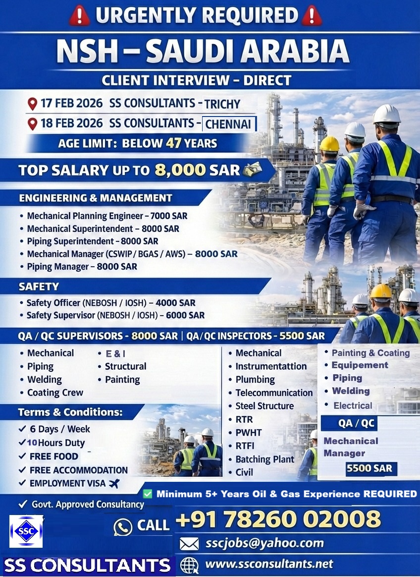 Urgent Saudi Arabia Jobs 2026 | Oil & Gas Engineers, QA/QC & Safety Roles – SS Consultants