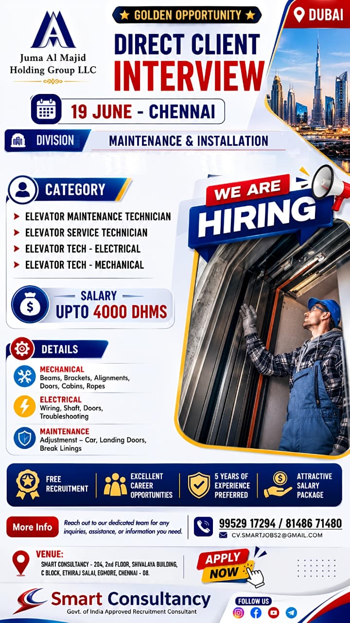 Dubai Jobs 2026 | Direct Client Interview in Chennai | Free Recruitment | Juma Al Majid Holding Group LLC UAE 