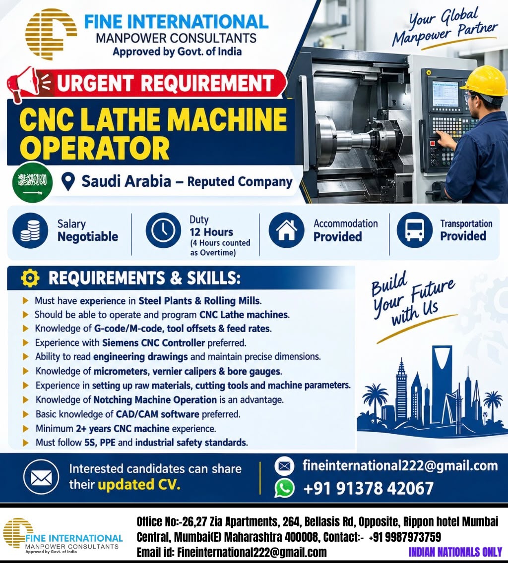 Saudi Arabia Job Vacancy for CNC Machine Operator  