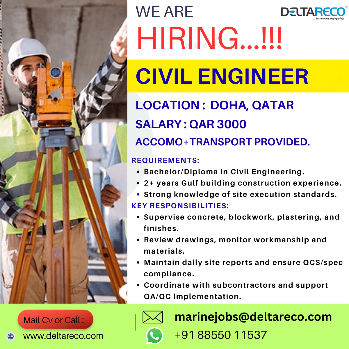 Hiring  Civil Engineer for  Qatar