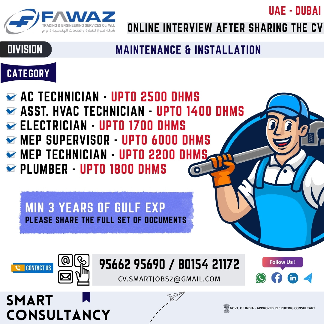 WANTED FOR A LEADING MAINTENANCE COMPANY - DUBAI / ONLINE CLIENT INTERVIEW