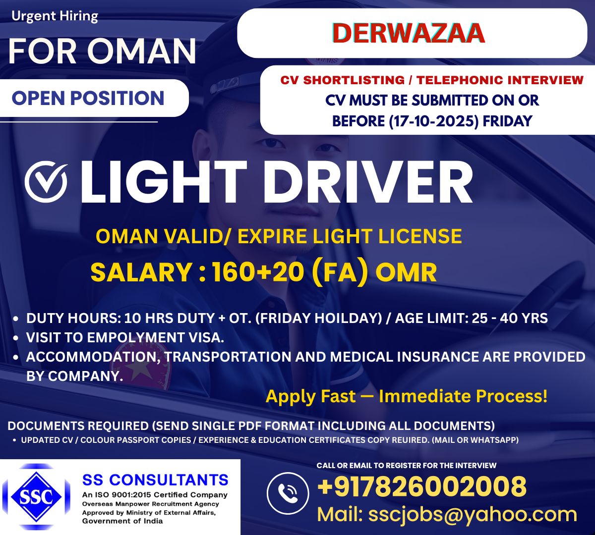 Immediate Joining for Light Drivers - Oman Vacancy with Employment Visa