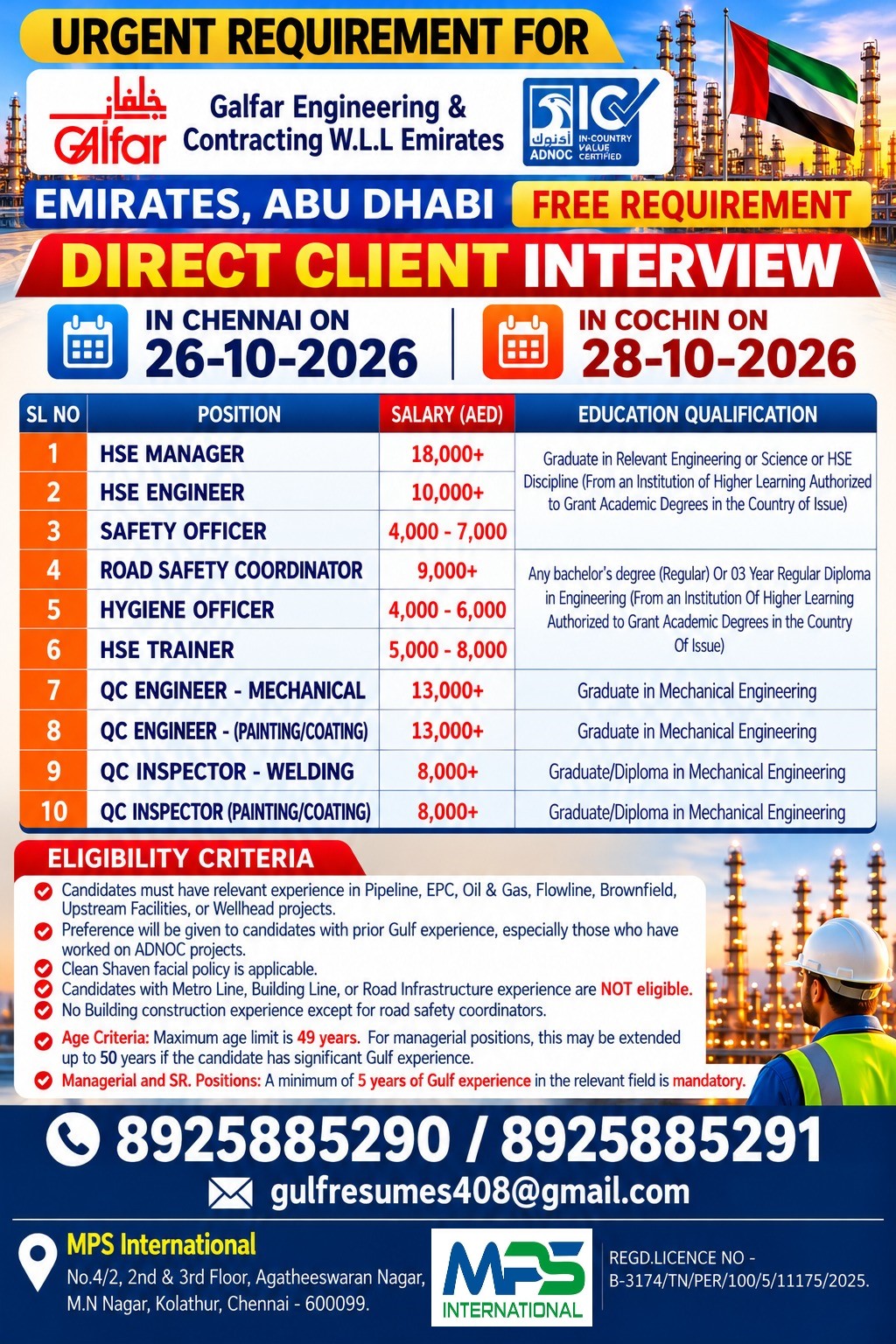 Direct Client Interview in Chennai: 26-10-2026 Cochin: 28-10-2026