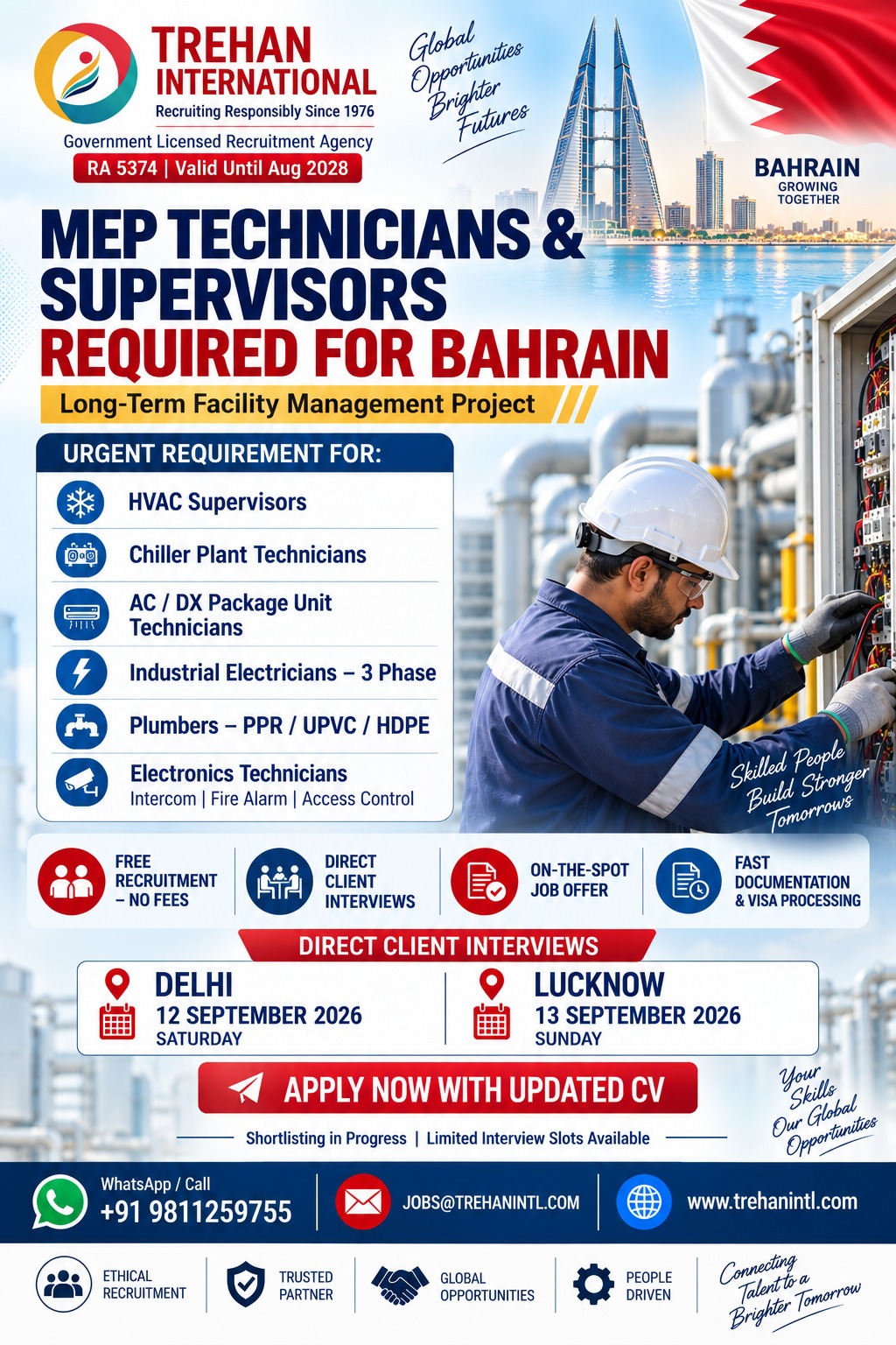 MEP Technicians & Supervisors Required for Bahrain