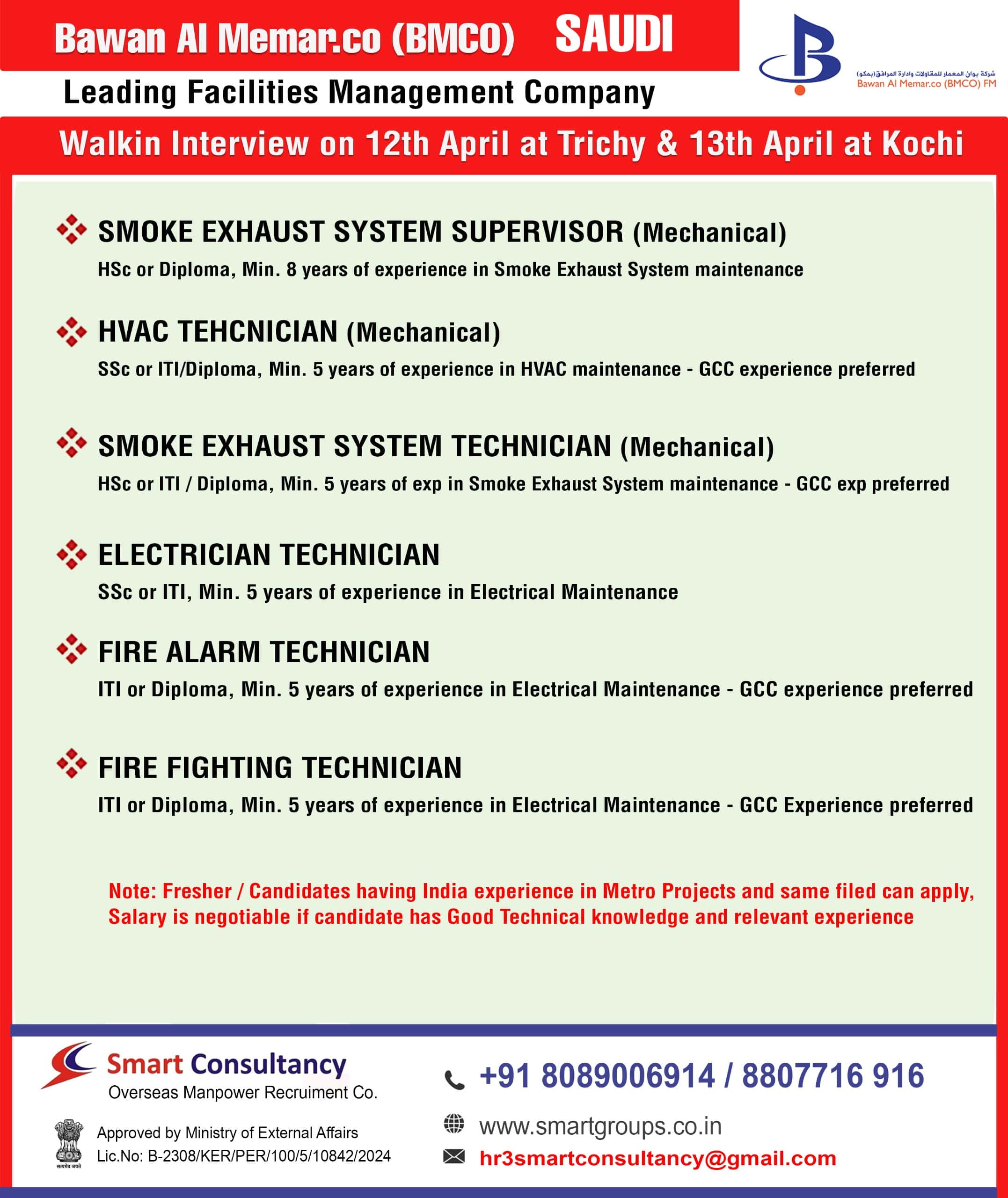WE ARE HIRING FOR BAWAN AL MEMAR.CO ( BMCO) KSA - WALKING INTERVIEW ON 12TH APRIL AT TRICHY & 13TH APRIL AT COCHIN