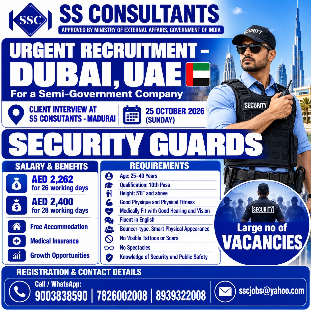 Dubai Security Guard Jobs – AED 2,262–2,400 | Free Stay