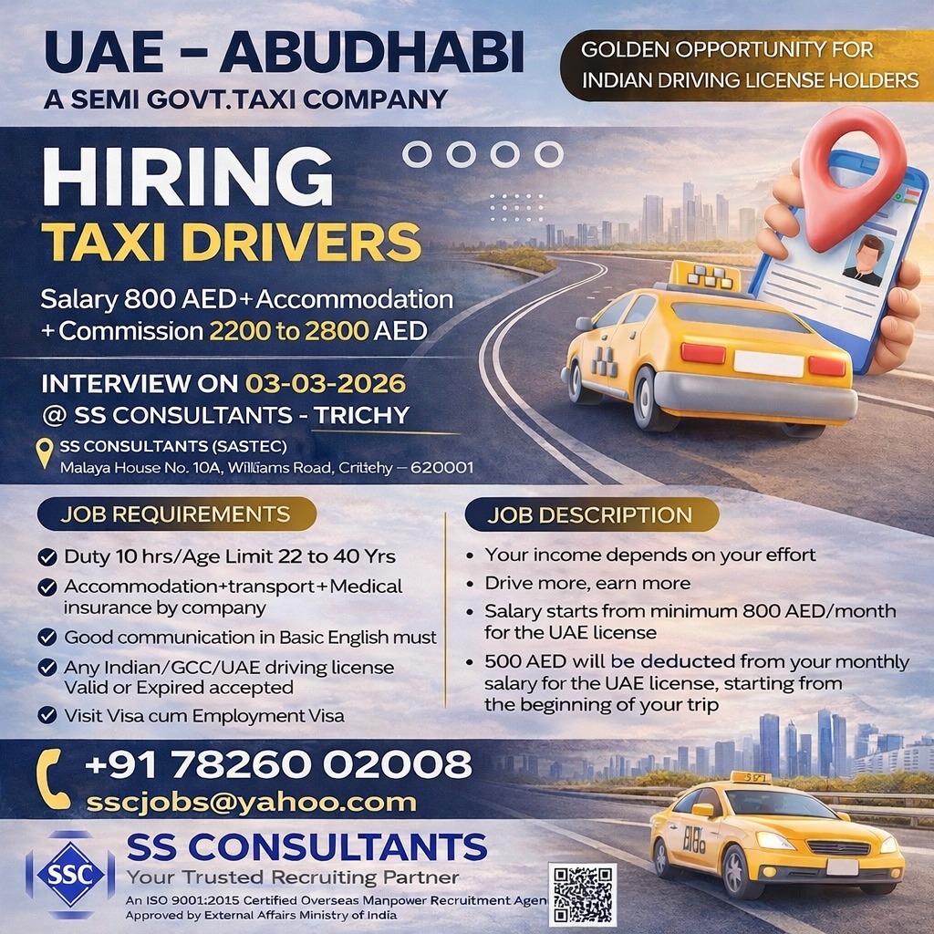 Urgent Hiring Taxi Drivers for Abu Dhabi – Interview in Trichy | SS Consultants