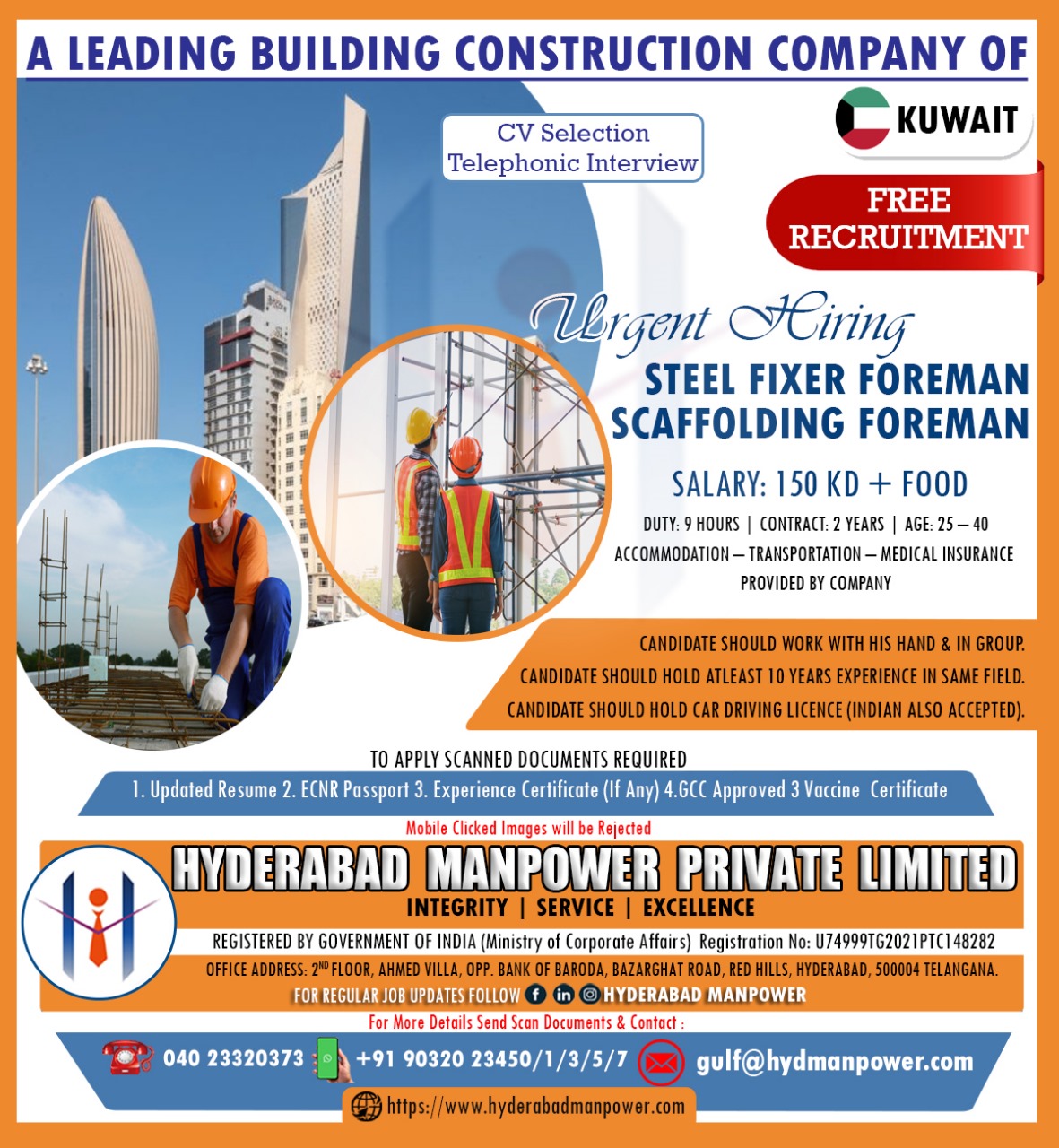 Urgent Hiring For A Leading Building Construction Company Of Kuwait