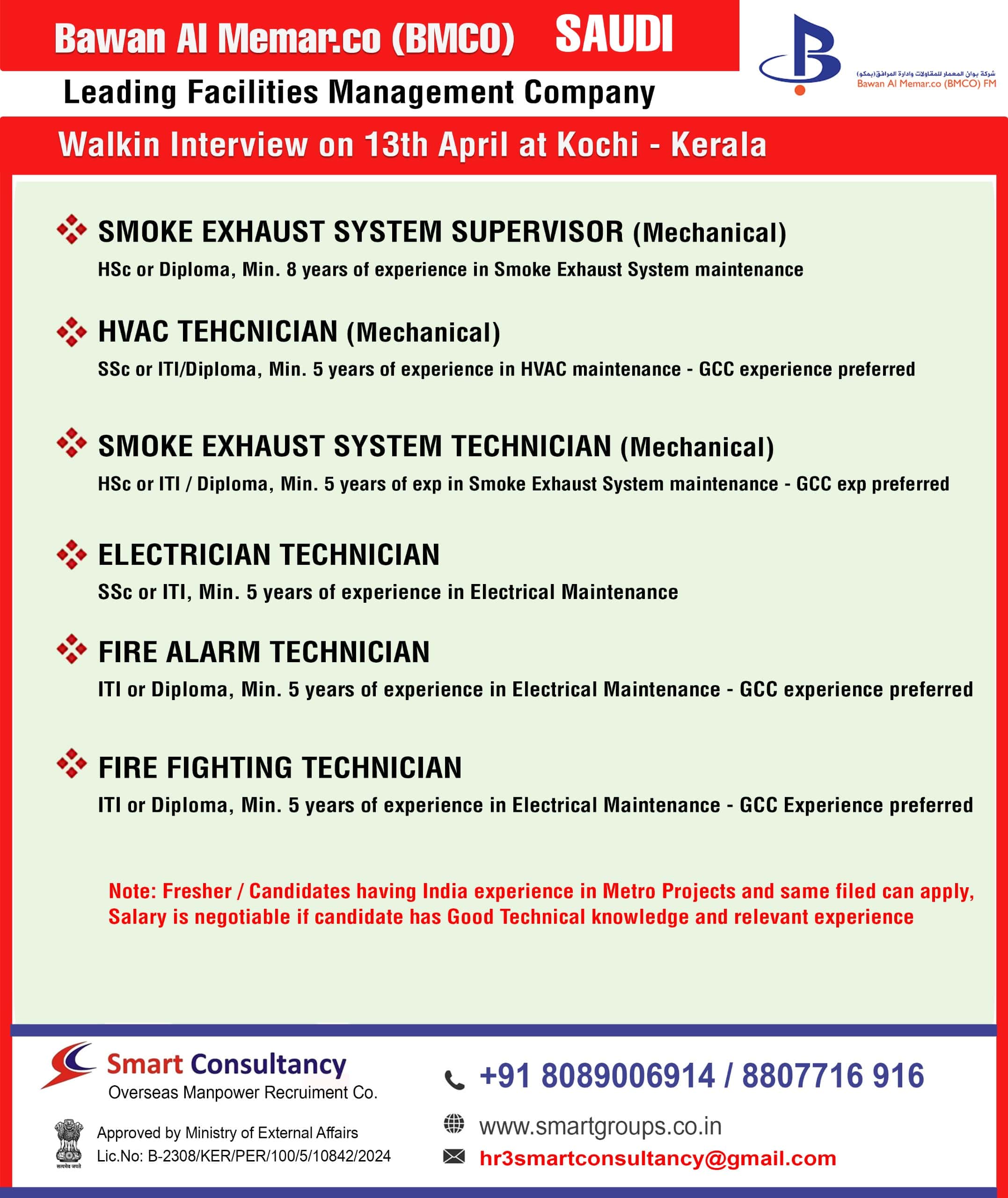 WE ARE HIRING FOR BAWAN AL MEMAR.CO ( BMCO) KSA - WALKING INTERVIEW ON 13TH APRIL AT COCHIN