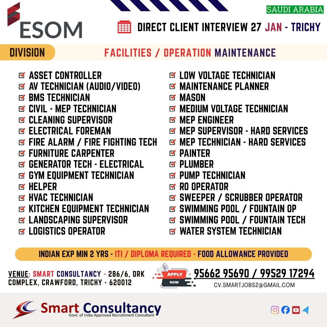 WANTED FOR A LEADING MAINTENANCE COMPANY (SAUDI) DIRECT CLIENT INTERVIEW ON 27 JAN - TRICHY