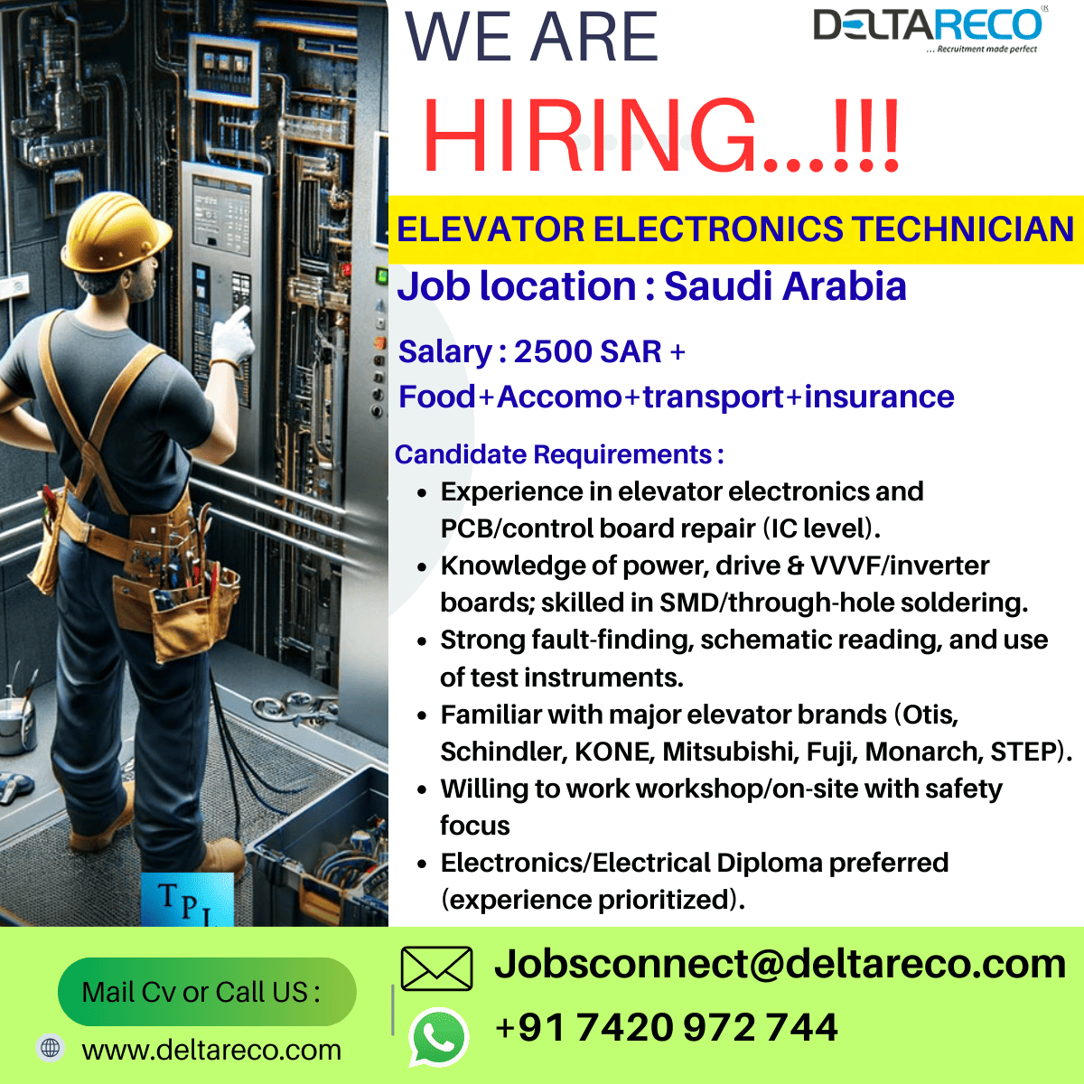 Hiring Elevator Technician for Saudi Arabia
