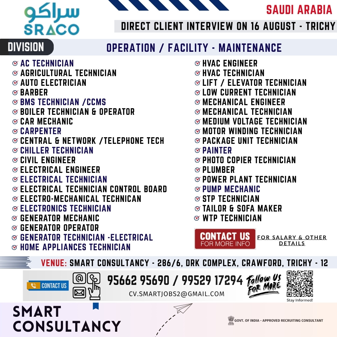 WANTED FOR A LEADING FACILITY / OPERATION MAINTENANCE COMPANY - SAUDI | DIRECT CLIENT INTERVIEW ON 16 AUGUST - TRICHY 