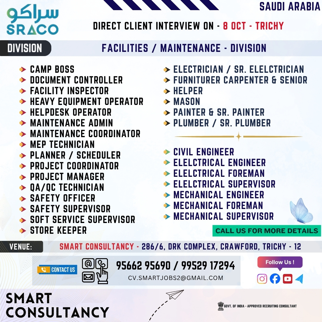WANTED FOR A LEADING MAINTENANCE COMPANY (SAUDI) - DIRECT CLIENT INTERVIEW ON 8 OCTOBER - TRICHY 