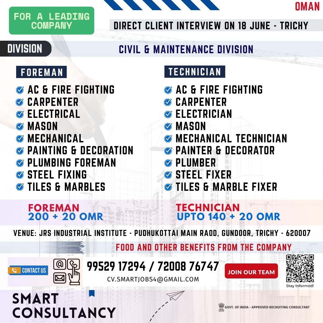 WANTED FOR A LEADING CIVIL CONSTRUCTION AND MAINTENANCE DIVISION COMPANY / DIRECT CLIENT INTERVIEW ON 18 JUNE - TRICHY