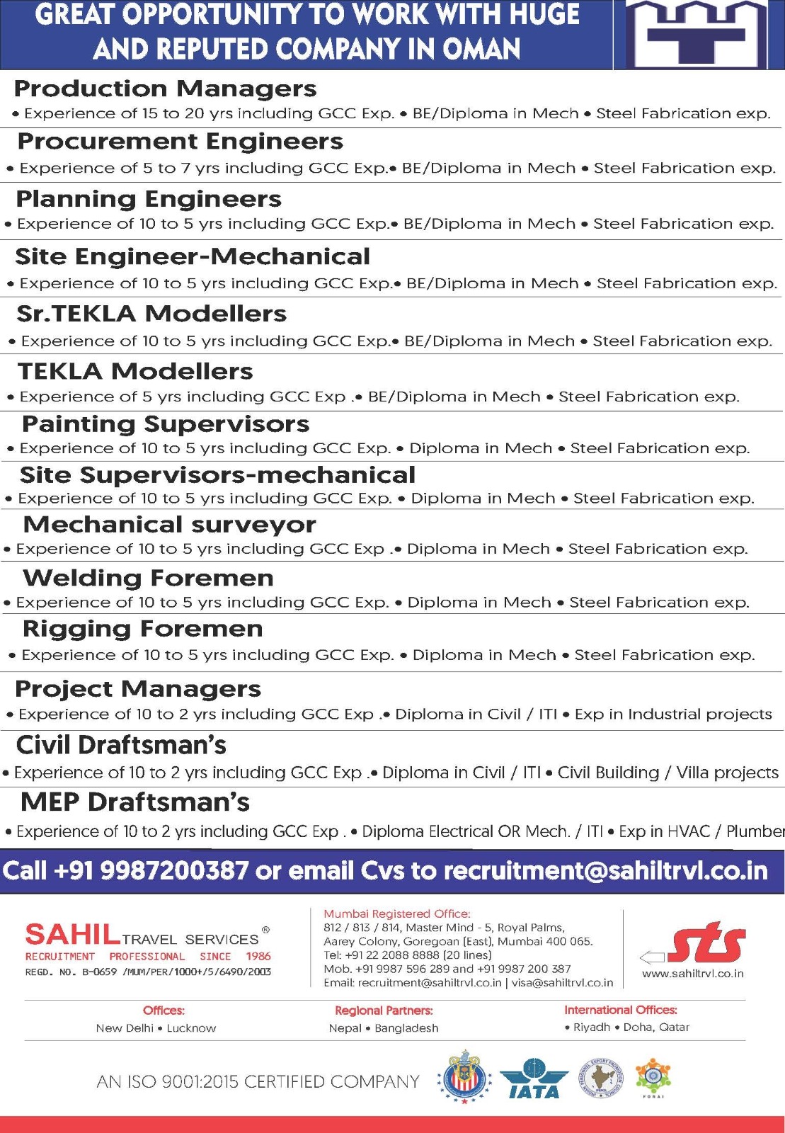 URGENT REQURIMENT FOR REPUTED COMPANY IN OMAN 