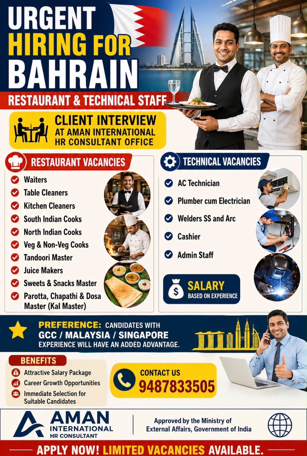 🇧🇭 Urgent Hiring for Bahrain – Restaurant & Technical Staff