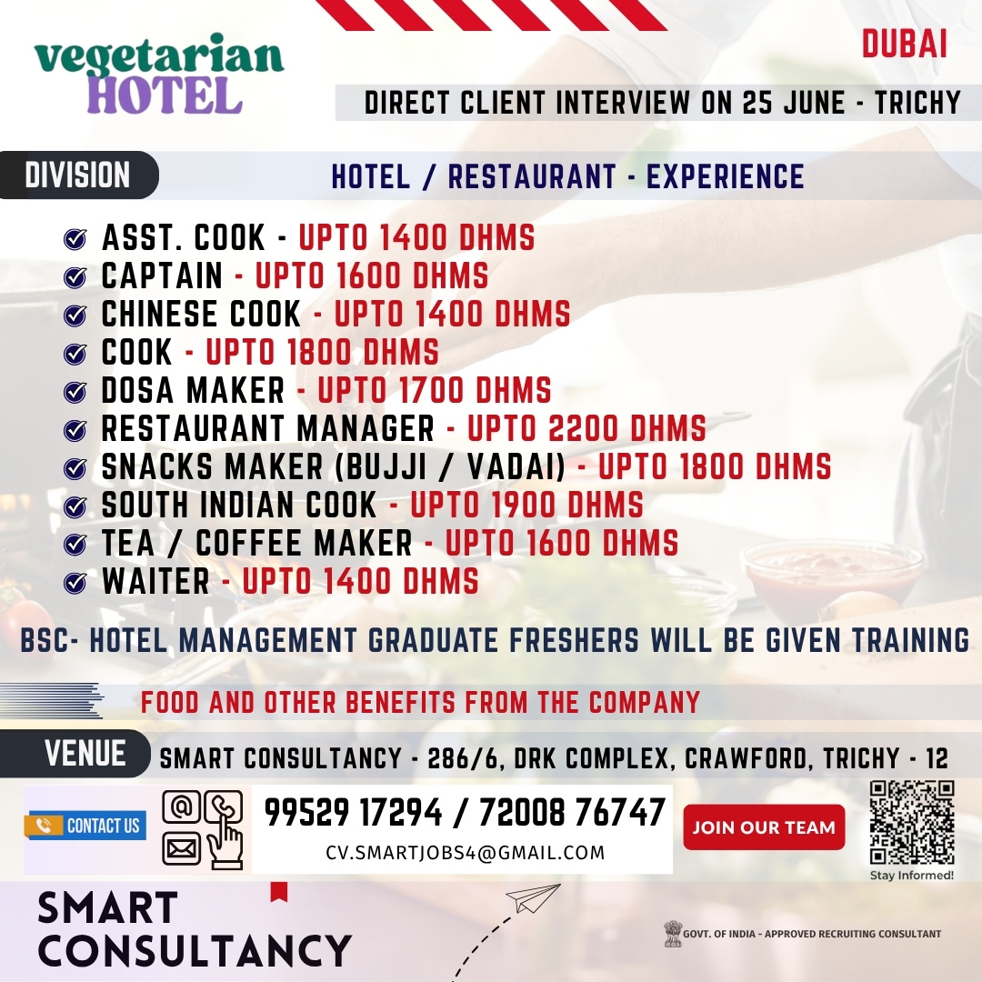 WANTED FOR A LEADING VEGETARIAN HOTEL - DIRECT CLIENT INTERVIEW ON 25 JUNE - TRICHY