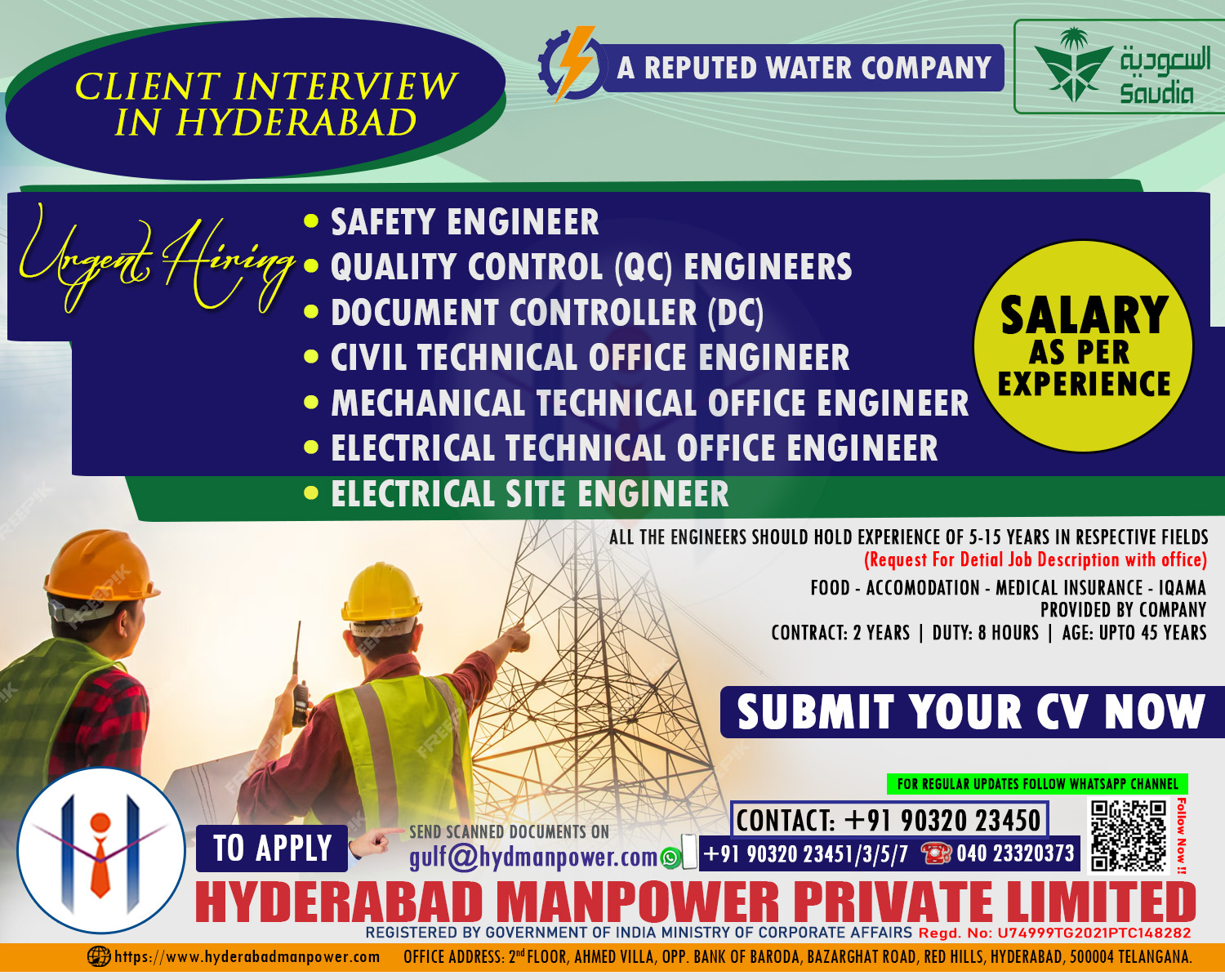 Urgent Hiring for A Reputed Water Company of Saudi Arabia