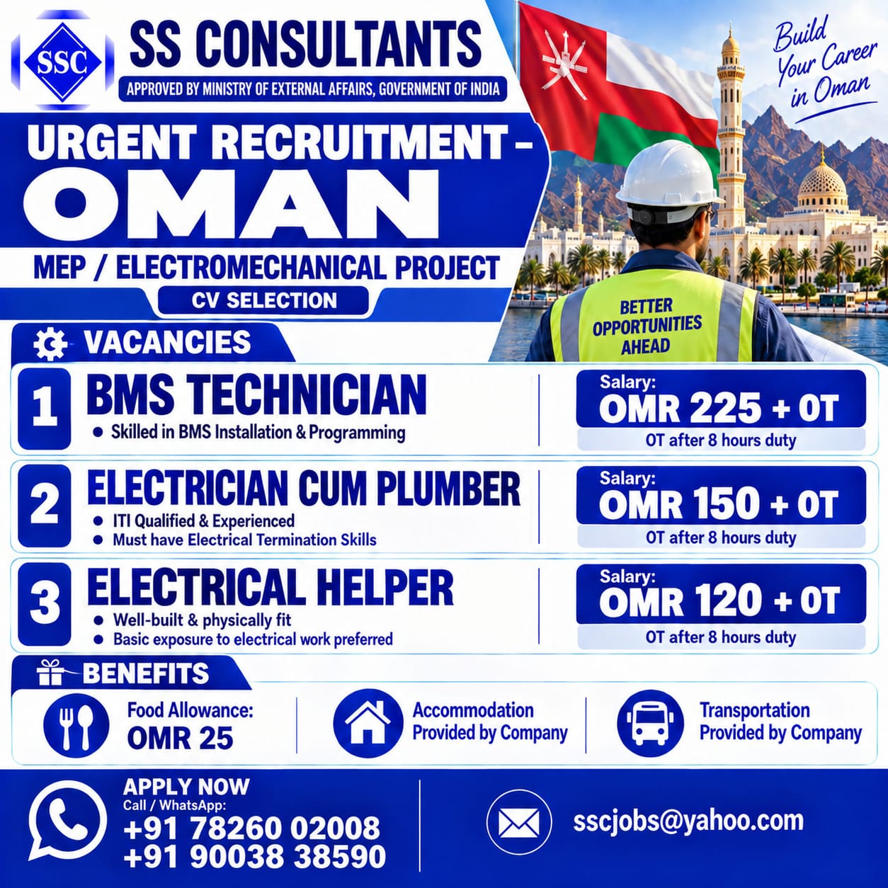 BMS Technician, Electrician Cum Plumber, Electrical Helper 