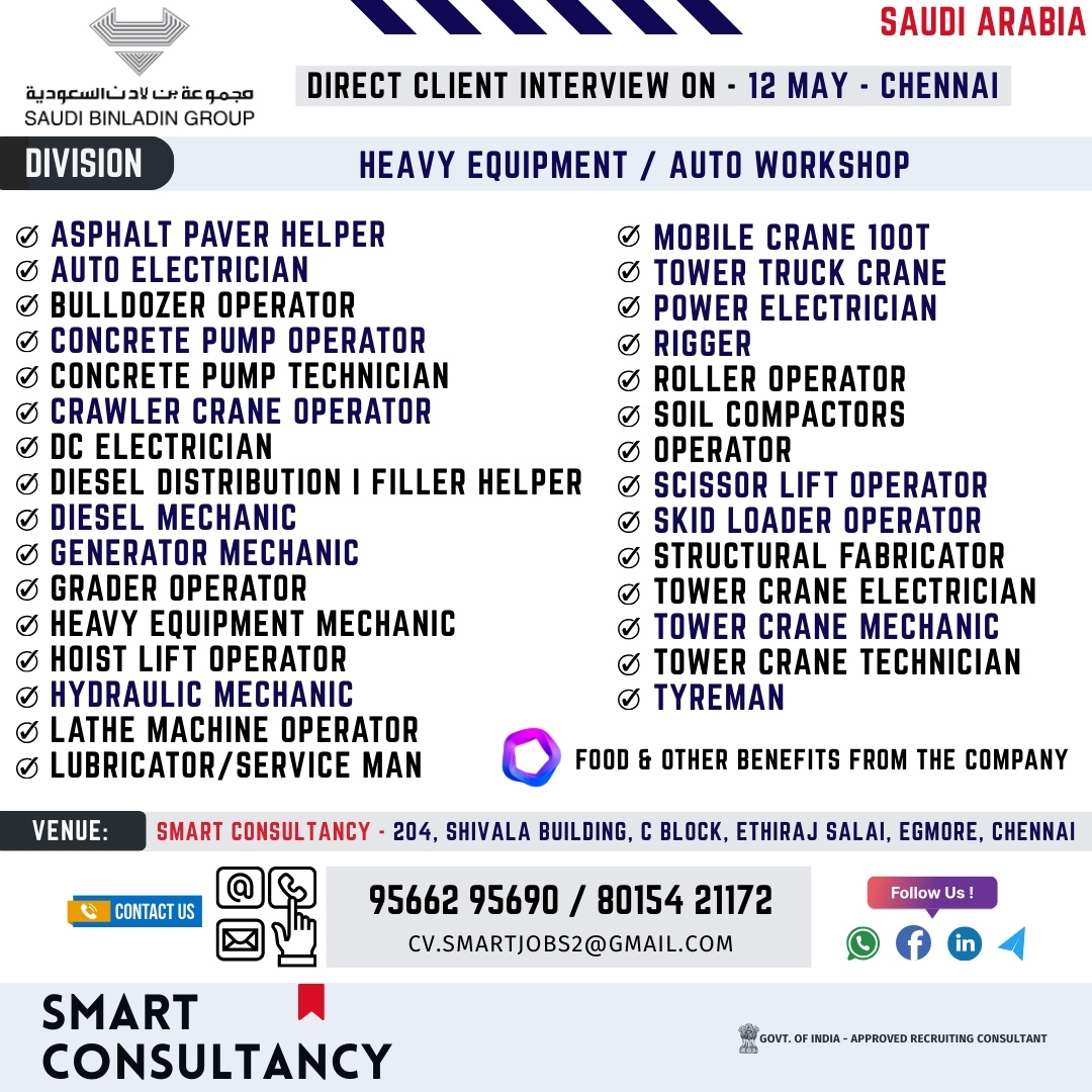 WANTED FOR A LEADING AUTOMOBILE / WORKSHOP DIVISION - SAUDI ARABIA / DIRECT CLIENT INTERVIEW ON 12 MAY - CHENNAI