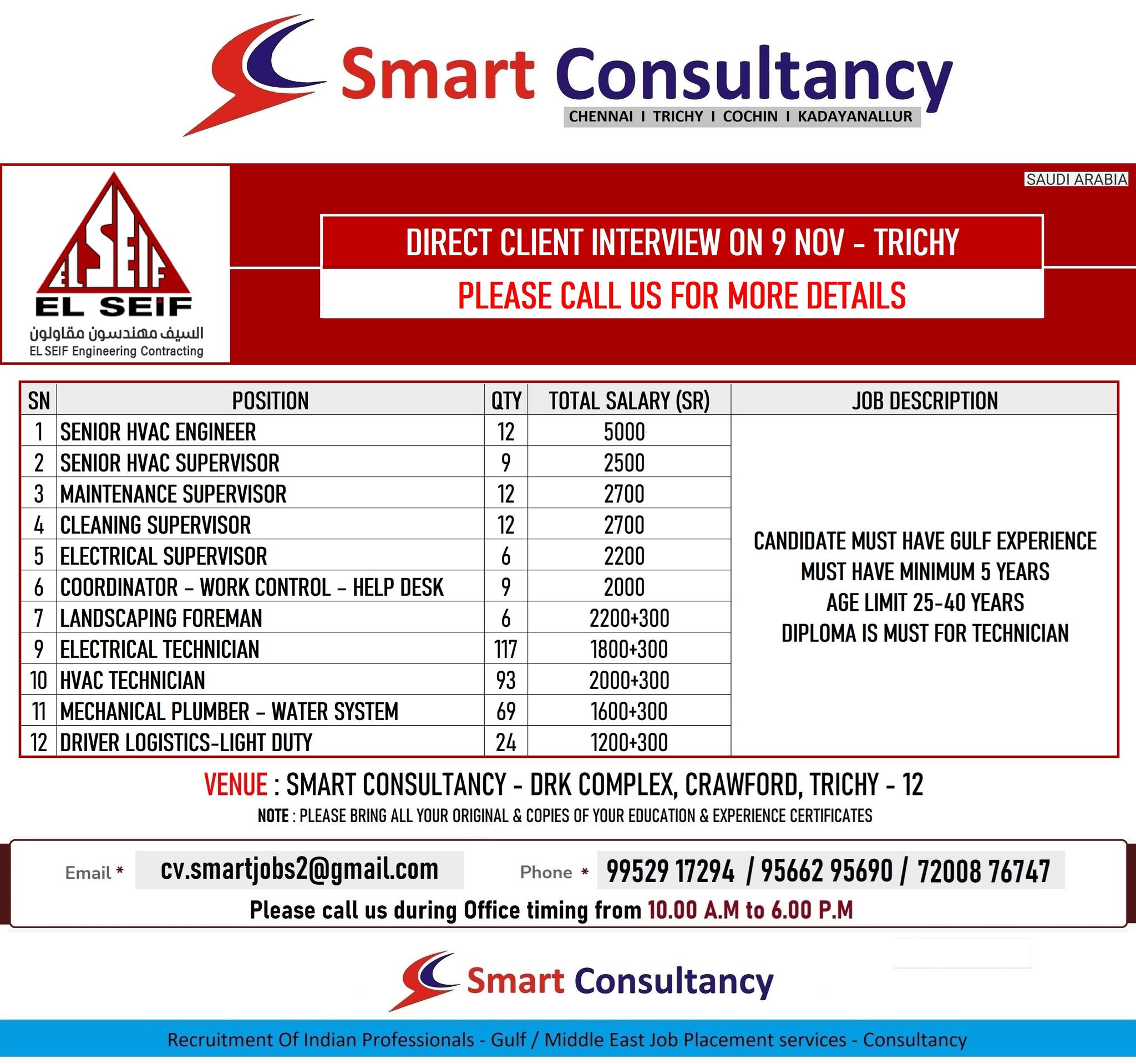 WANTED FOR EL SEIF - SAUDI / DIRECT CLIENT INTERVIEW ON 9 NOV - CHENNAI
