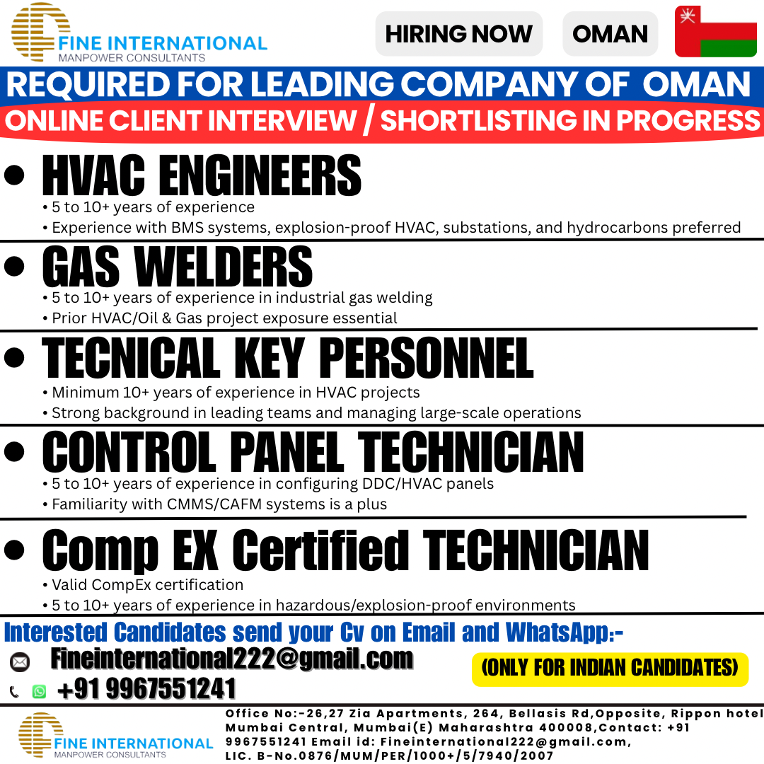 URGENTLY REQUIRED FOR REPUTED OMAN COMPANY 🇴🇲 ➡️EMPLOYMENT VISA